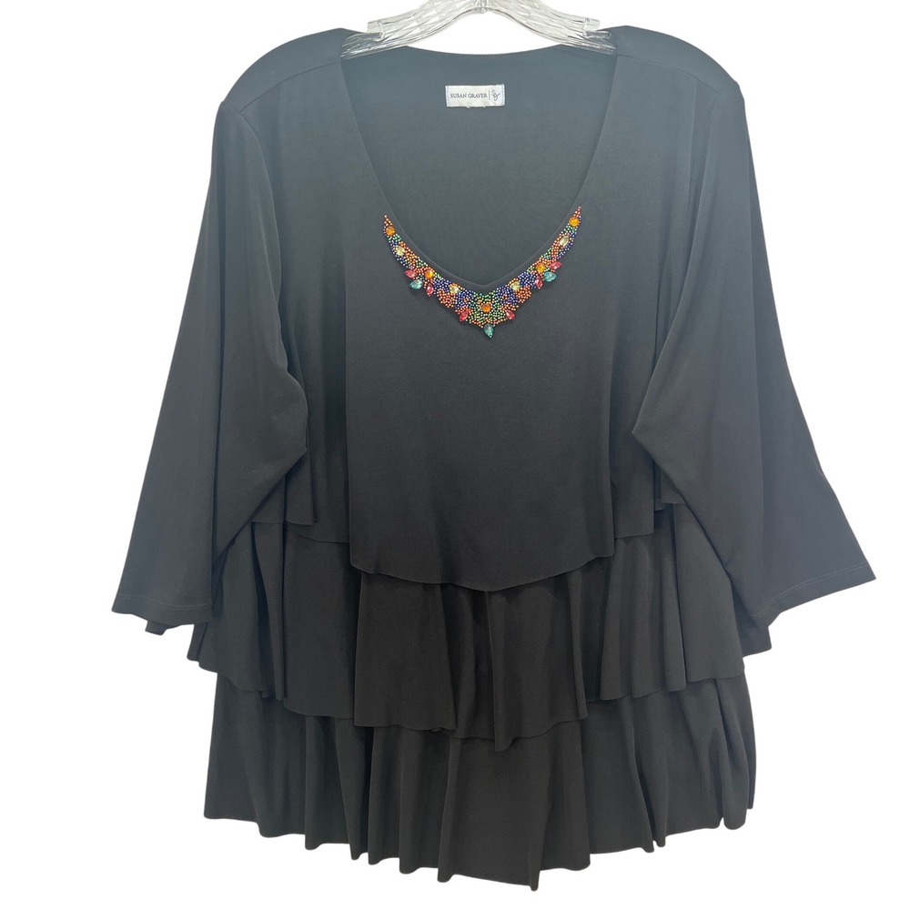 Susan Graver Black Liquid Knit Ruffle Tiered Top Beaded V-Neck 3/4 Sleeve XL
